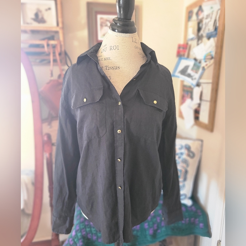 Lauren Ralph 100% Linen Work Shirt Navy Blue Gold Button Down Classy Womens S